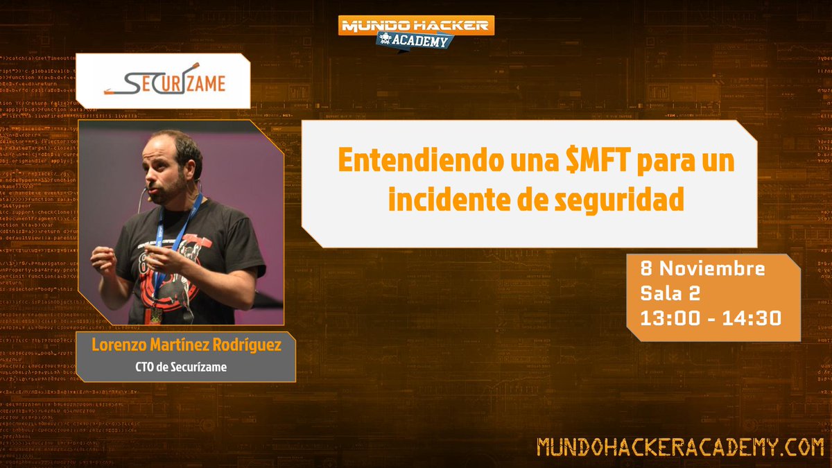 mundohackertv's tweet photo. ¡En #MundoHackerAcademy2024 tendremos tarde de aprendizaje!

⏰ 13:00 - 14:30 | Talleres:
✅ Lie detection con Alberto Cartier 
✅ Análisis de MFT en Windows con Lorenzo Martínez Rodríguez

🎟️ Últimas entradas: 👉https://t.co/8z7JMUwfzE

#Ciberseguridad #Fuzzing #NTFS https://t.co/q4pGYURjmF