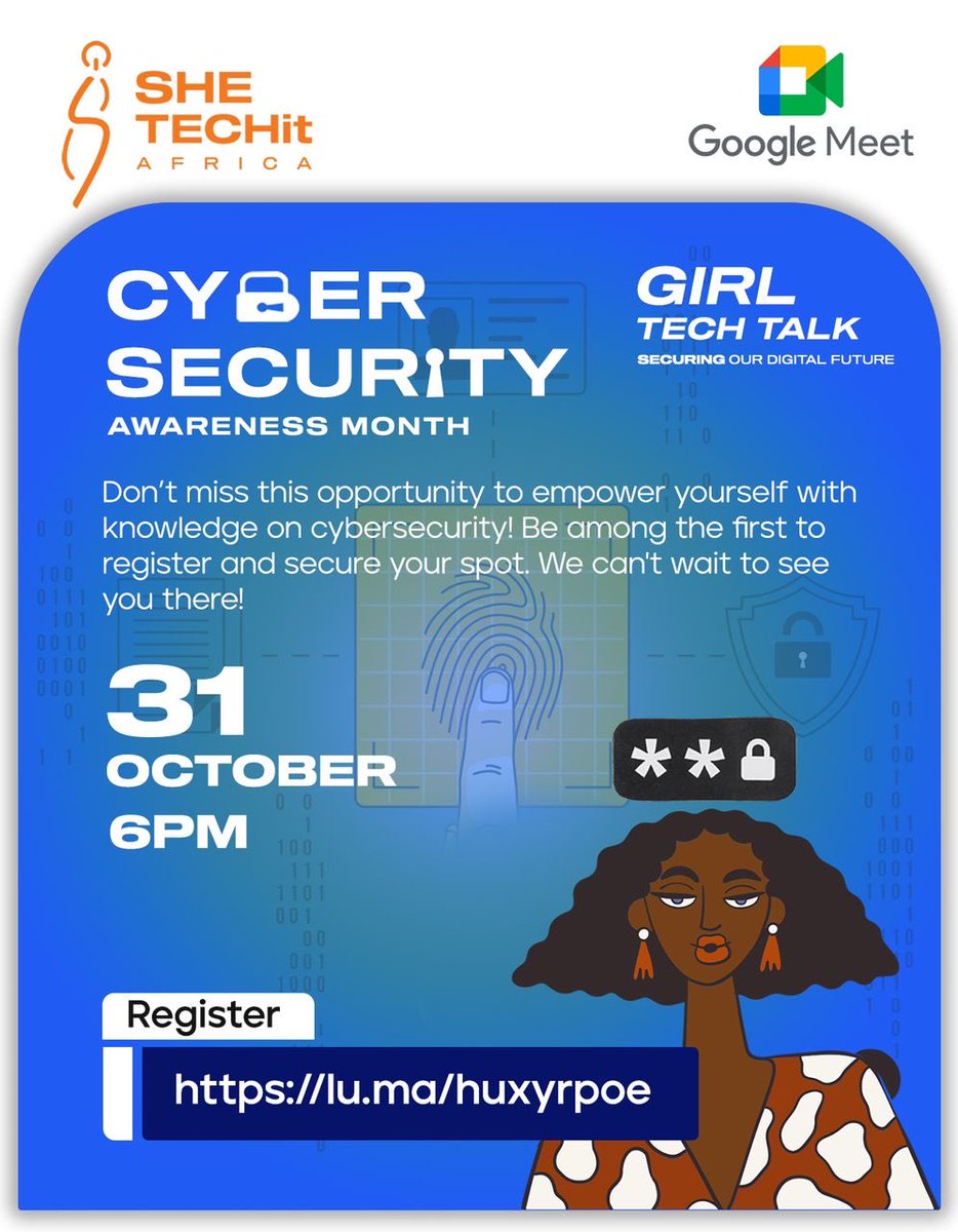 shetechitafrica's tweet photo. Are you ready to level up your cybersecurity game? 💪 Join us for our girl tech talk and learn from the best. Register now and be part of the revolution!" 

🔗 https://t.co/MghMJWCEYQ https://t.co/u7jgUc5hE1