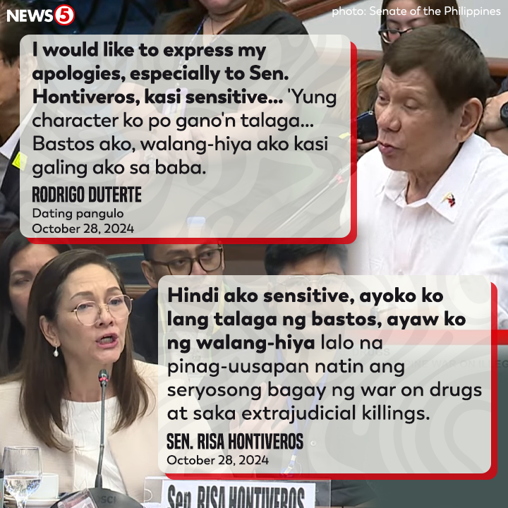 News5PH's tweet photo. 'HINDI AKO SENSITIVE. AYOKO LANG TALAGA NG BASTOS, AYAW KO NG WALANG-HIYA.'

Ito ang sagot ni Sen. Risa Hontiveros matapos mag-sorry sa kaniya si dating pangulong Rodrigo Duterte kay Sen. Risa Hontiveros sa gitna ng Senate hearing ukol sa war on drugs. #News5 https://t.co/0zgdHeUdd1