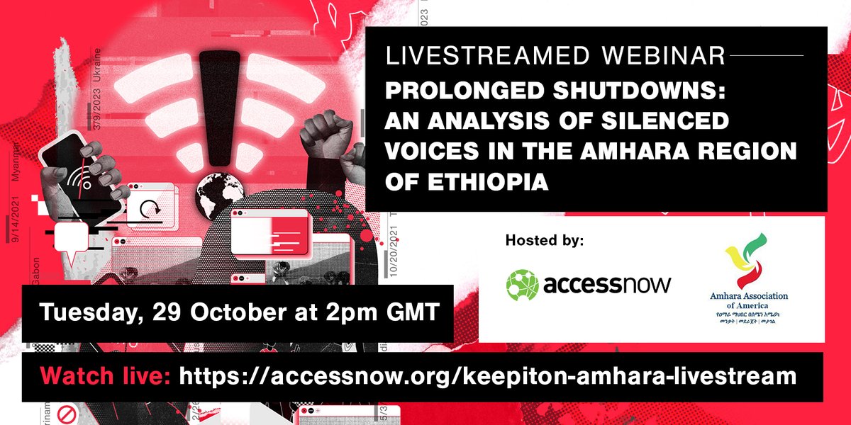 The internet and digital platforms are essential for and an enabler of several rights.

Shutting  them down, particularly, during conflict has serious repercussions on people's lives. 

Join us and <a href="/AAA_Amhara/">Amhara Association of America (AAA)</a> to discuss the impact of shutdowns in the region. #KeepItOn