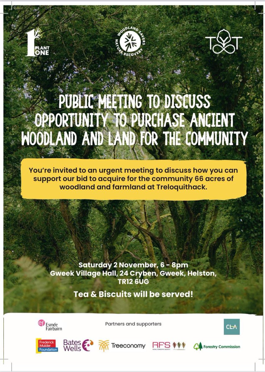 Helen__Chadwick's tweet image. 🌳 Opportunity to purchase ancient woodland and farmland for community 🌳
Invitation for discussion meeting 2nd Nov 6-8pm Gweek village hall
Let’s keep our land development free.
For wildlife - food production - the community.