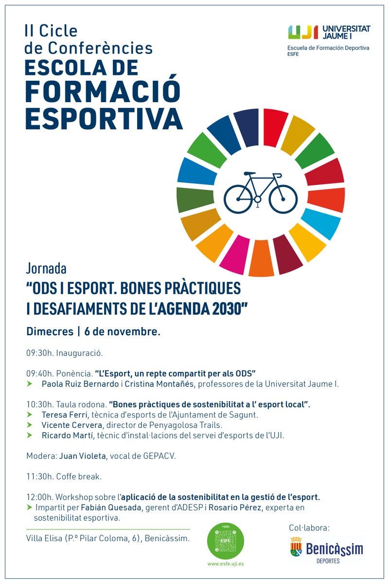 El Vicerrectorado Estudios y Formación Permanente <a href="/UJIuniversitat/">Universitat Jaume I</a> comunica la celebración, dentro del II Ciclo de Conferencias de la ESFE, de la Jornada "ODS y deporte. Buenas prácticas y desafíos de la Agenda 2030" 

Modalidad: Presencial. 6 noviembre
 fue.uji.es/deporteyods