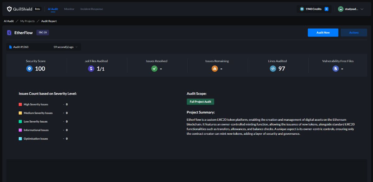 _PikluSadhu_'s tweet image. 🚀 Excited to announce that EtherFlow has completed its security audit on Quill Shield with a perfect 100 Security Score! 💯🔒
Huge thanks to the Quill Shield team for their in-depth audit! ✅
#Blockchain #Web3 #EtherFlow #ERC20 #SmartContracts #Security #QuillShield