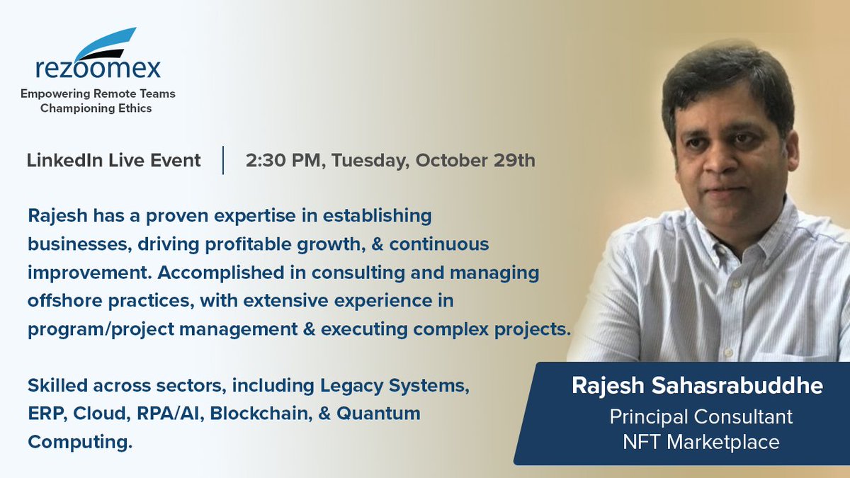 Rezoomex's tweet photo. Join us tomorrow for a LinkedIn Live Session with Rajesh Sahasrabuddhe https://t.co/17QkRR1m1V

Topic: Smart Contracts in Gig Work: Ensuring Payments and Building Trust

#GigEconomy #GigMareketPlace #BlockChain #TechCommunity #GigWork https://t.co/dFWNMK3IiC