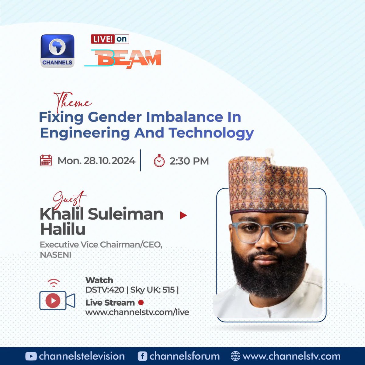 I invite you to join me on a live TV programme later today at 2:30 PM on <a href="/channelstv/">Channels Television</a> for a discussion on how our initiative at <a href="/NASENIHQ/">NASENI</a> is addressing the gender imbalance within the Nigerian engineering and technology sectors.

#ksh #ANewNASENI