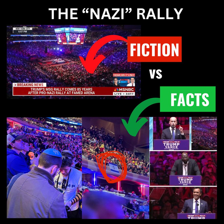 drewidia's tweet photo. @MSNBC, To even think this is ok, is NOT OK.

Comparing Nazis to this event is basically a diminishment and borderline holocaust denial.

Unlike a Harris event, many Jews were at the rally. Very uplifting to express being Jewish along with people from all creeds, colors and religions.  

You should apologize NOW.
