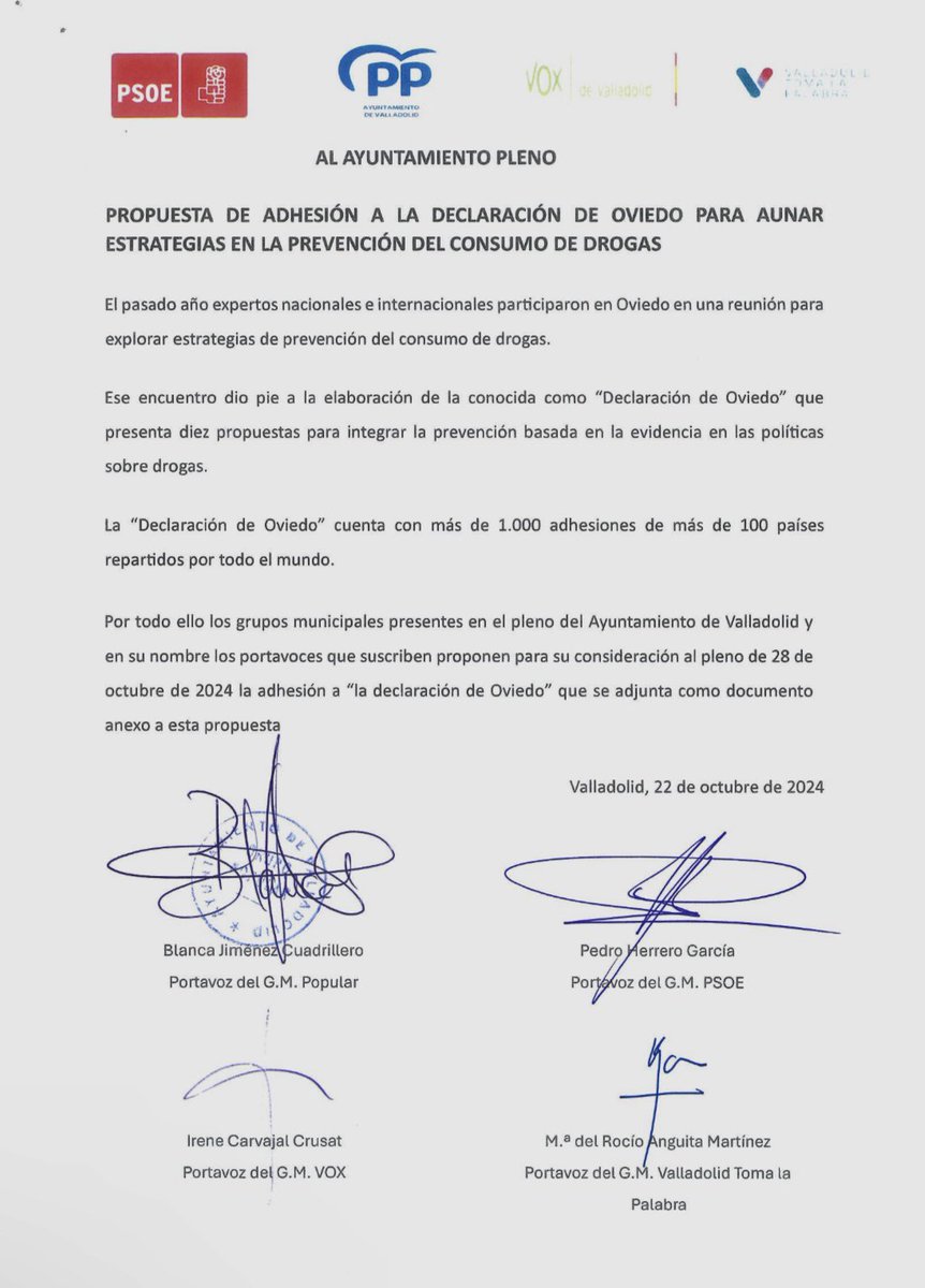 <a href="/FundacionAldaba/">FundacionAldaba</a> <a href="/PPAytoVLL/">PP Ayuntamiento de Valladolid</a> <a href="/voxvallciudad/">VOX Valladolid Ciudad</a> <a href="/PSOE_AytoVLL/">Grupo PSOE Ayto. Valladolid</a> <a href="/TomaLaPalabraVA/">Valladolid Toma La Palabra</a> 📸 Aquí puedes ver el contenido de la propuesta de adhesión a la 'Declaración de Oviedo', suscrito por los 4 grupos políticos con representación en el #PlenoValladolid.