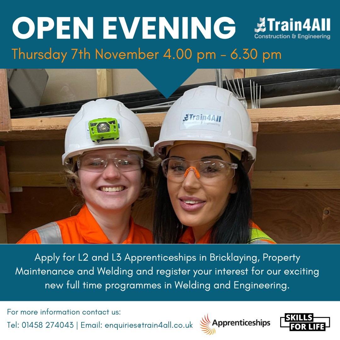 Train4All's tweet photo. π£ Open Evening, save the date!
π
Thursday 7th November 4.00 pm - 6.30 pm
π Train4All, Somerton
Book your FREE ticket here: https://t.co/1PUuEZBao0
#Train4All #T4ASomerset #OpenEvening #Somerset #Construction #Engineering #Bricklaying #PropertyMaintenance https://t.co/y4WSYes4Sm