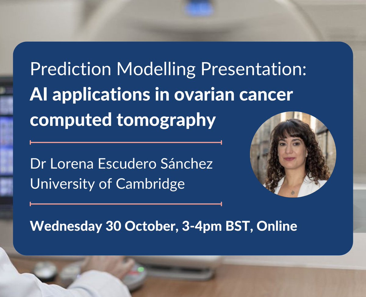 NIHR Maudsley Biomedical Research Centre (BRC) (@nihrmaudsleybrc) on Twitter photo Join our next #PredictionModelling presentation - Dr Lorena Escudero Sánchez <a href="/lorena_e_s/">Lorena Escudero Sánchez</a> will discuss her research in AI applications in ovarian cancer computed tomography.
Wed 30 Oct, 3-4pm, Online: kcl.ac.uk/events/ai-appl…
<a href="/RGImageAnalysis/">Radiogenomics & Quantitative Image Analysis Group</a> Join our next #PredictionModelling presentation - Dr Lorena Escudero Sánchez <a href="/lorena_e_s/">Lorena Escudero Sánchez</a> will discuss her research in AI applications in ovarian cancer computed tomography.
Wed 30 Oct, 3-4pm, Online: kcl.ac.uk/events/ai-appl…
<a href="/RGImageAnalysis/">Radiogenomics & Quantitative Image Analysis Group</a>
