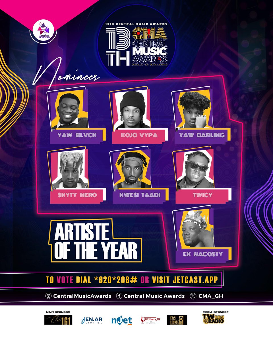 #13thCMA: WHO WINS THE ARTISTE OF THE YEAR?  🗣️ 🎙️🎼
Let your Vote count! Push your favorite artiste to the top! 📱👨🏾‍💻 

Dial *920*208# 📱Enter Nominee Code Or  Visit 👨🏾‍💻 jetcast.app/events/H95FTJ 

#CMA24 #MusicIsBusiness