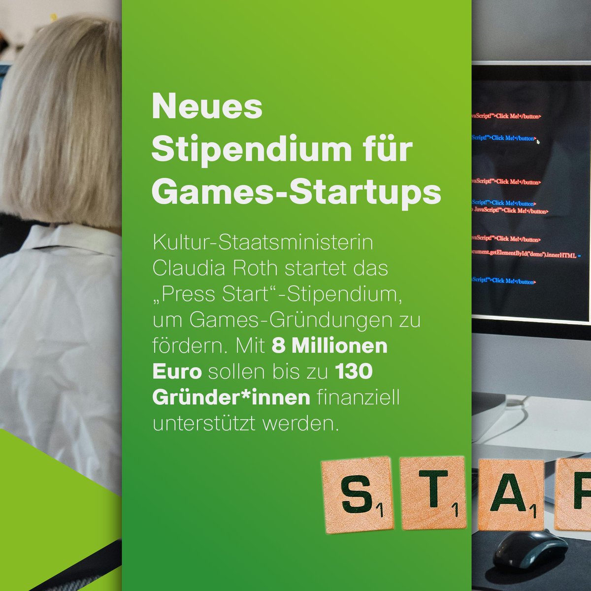 gameup_rlp's tweet photo. Kultur-Staatsministerin Claudia Roth und der Industrieverband Game haben das „Press Start“-Stipendium ins Leben gerufen. Mit 8 Mio. € sollen bis zu 130 Games-Gründer*innen unterstützt werden. #PressStart #GameStartups #Innovation #Gründung https://t.co/y3yzLjeHua