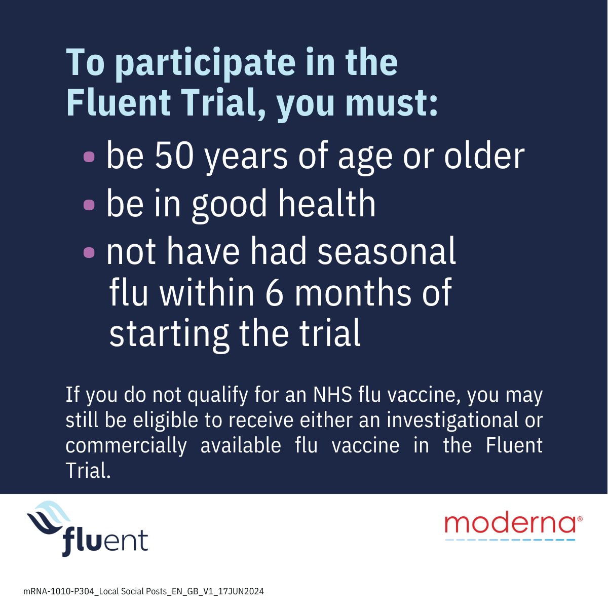 Adults 50 years of age or older needed
Join the Fluent Trial to help see if an investigational vaccine may be able to prevent seasonal flu for people aged 50+.
Interested in taking part? Contact our Agile Research team at:
Tel: +44 (0) 1752 439123
E-mail: plh-r.rdplymouth@nhs.net