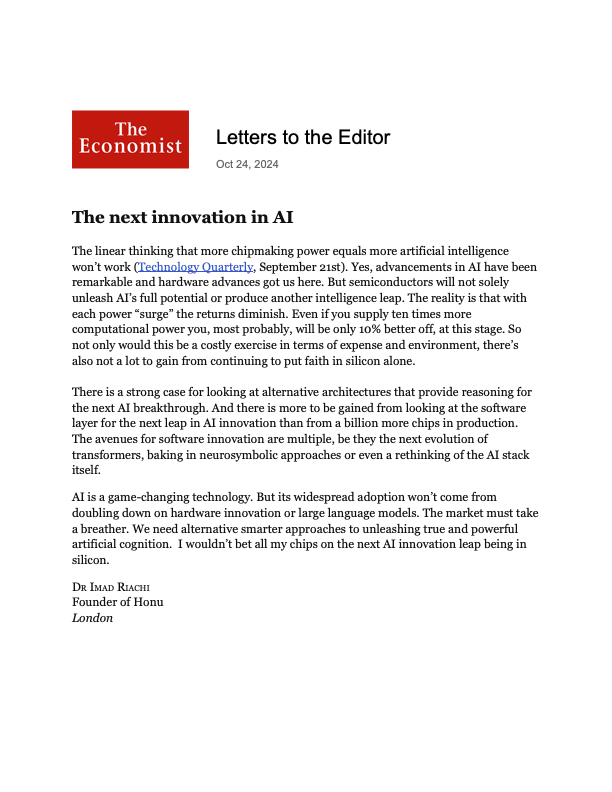 donriachi's tweet photo. Last month @TheEconomist published on how the latest wave of AI is bringing chip making to the center stage in the AI race. I wrote to them about my take on alternate avenues worth exploring for AI’s next leap.
https://t.co/lGyLg352C1 https://t.co/MqIjj7DZ9r