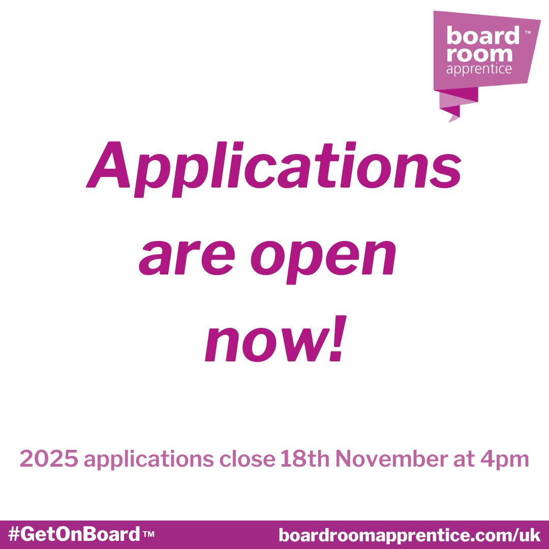 BoardAppr's tweet image. ✨ Applications are open! ✨

Make sure you read the eligibility criteria fully before submitting your application.

You can apply for next year’s class of UK Boardroom Apprentices until 4pm Monday
18th November.

Apply now via boardroomapprentice.com/how-to-apply/

#GetOnBoard #GetOnBoardUK