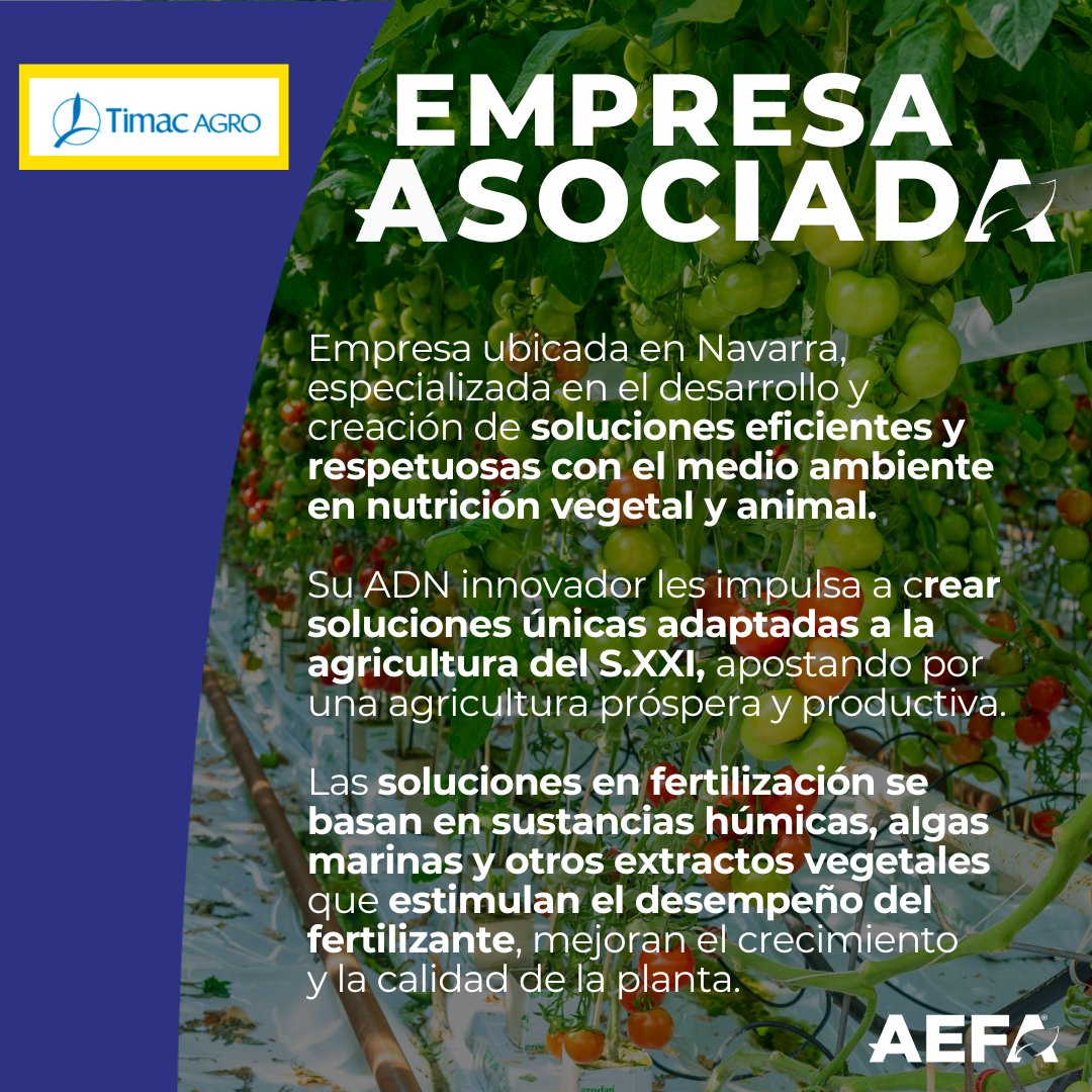 Hoy te presentamos a @timacagroespana, otra de nuestras empresas asociadas dedicada a la producción de soluciones
con el objetivo de lograr una agricultura sostenible y respetuosa con el medio ambiente. #AEFA #timacagro #empresaasociada #agricultura #sostenibilidad