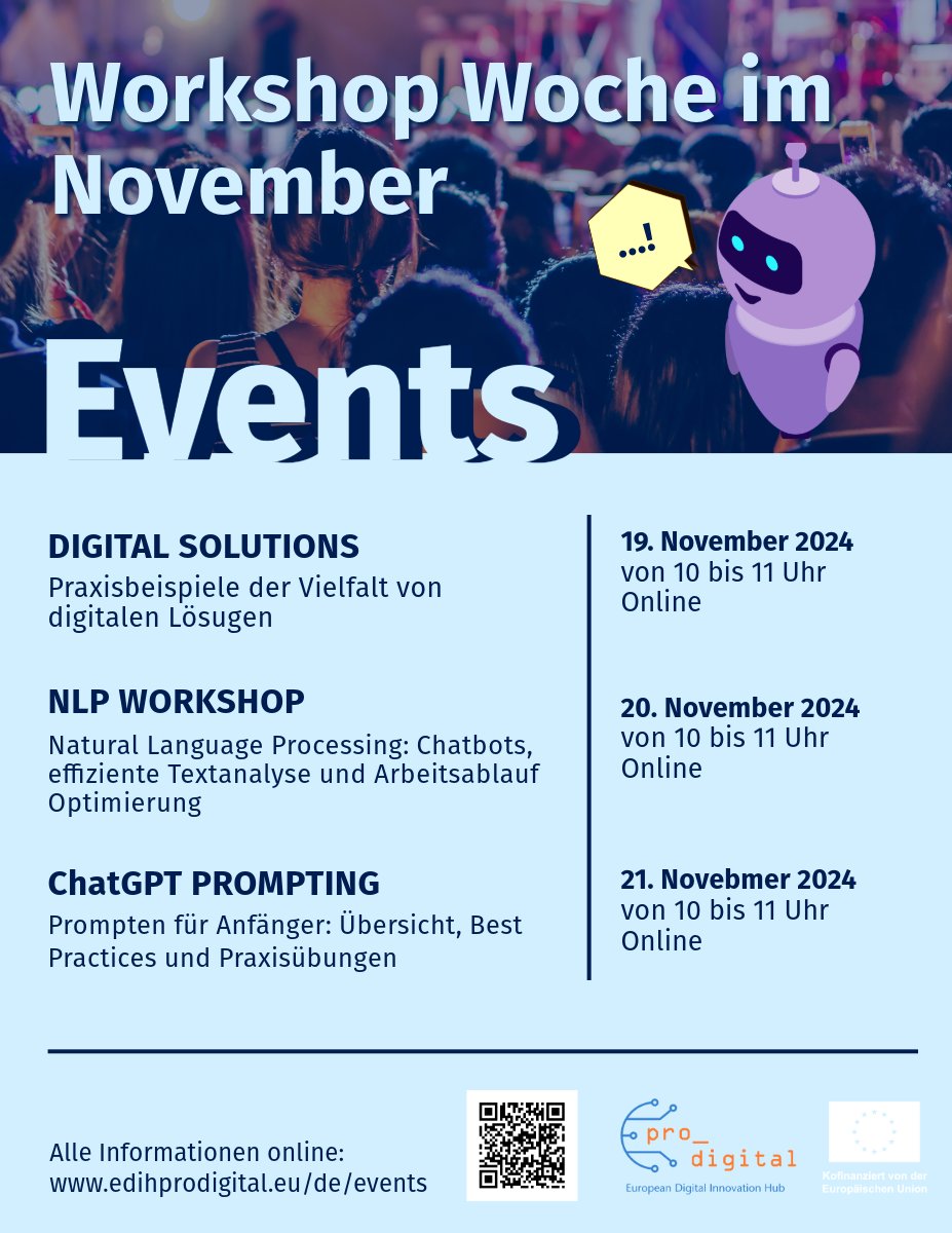 Wo geht es lang mit KI, NLP, ChatGPT? Informieren Sie sich in unserer Workshop Woche im November. Jeden Tag in nur 1 Stunde Gurndlegendes erfahren und testen: 
tinyurl.com/ykcmwutg
@but <a href="/edih_net/">European Digital Innovation Hubs Network</a> <a href="/TH_Wildau/">TH Wildau</a>