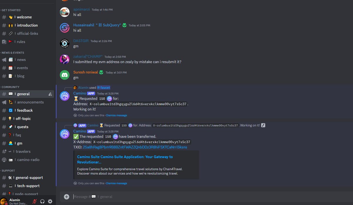 Alamin3263's tweet photo. Using the
@camino_network 
Discord faucet to get $CAM tokens. https://t.co/7wsA35DFfU