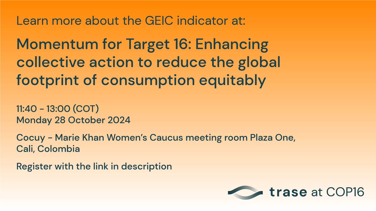 Trase (@traseearth) on Twitter photo 📍At #COP16, Jonathan Green, senior research fellow at <a href="/SEIresearch/">SEI Research</a> - a Trase partner - will share how the Global Environment Impacts of Consumption (GEIC) indicator helps governments assess their trade-related consumption footprints.
Join us today⤵️
sei.org/events/cbd-cop… 📍At #COP16, Jonathan Green, senior research fellow at <a href="/SEIresearch/">SEI Research</a> - a Trase partner - will share how the Global Environment Impacts of Consumption (GEIC) indicator helps governments assess their trade-related consumption footprints.
Join us today⤵️
sei.org/events/cbd-cop…