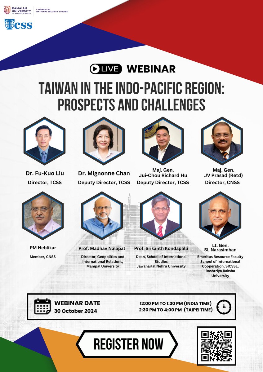 📣Join Us for an Exclusive Webinar!

🌏Title: Taiwan in the Indo-Pacific Region: Prospects and Challenges

🗓Date: October 30th, 2024

🕐Time:
2:30 PM - 4:00 PM Taiwan Time
12:00 PM - 1:30 PM India Time

💻Platform: Online Webinar

🔗Register now: 
lnkd.in/eFR9-vyX