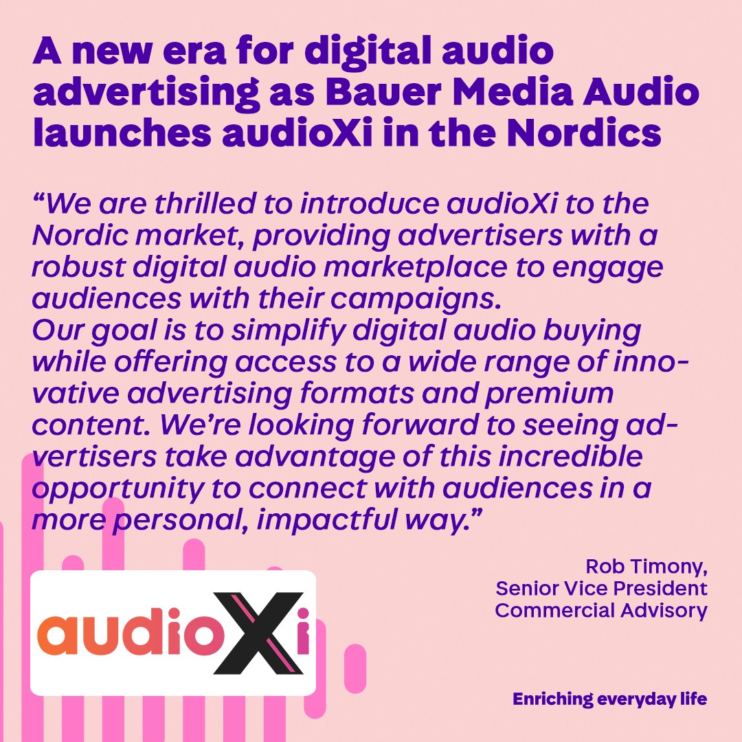 🔊 #BauerMediaAudio launches #audioXi, the cutting-edge digital audio marketplace, across the Nordics in NO, SWE, FIN and DK. Press release ➡️ bauermedia.com/news/press-rel…

#audioadvertising #BauerMedia