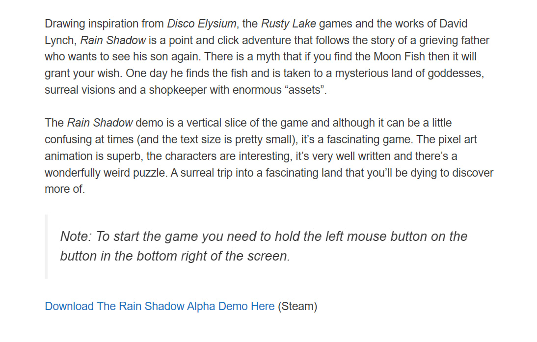 "Rain Shadow" game
😀Many Thanks to <a href="/gameralphabeta/">Alpha Beta Gamer</a> 
for the Review
alphabetagamer.com/rain-shadow-al…

✅Download Demo: kogren.itch.io/rain-shadow
---
#indie #indiegame #indiegames #indiedev #IndieDevs #IndieGameDev #gamedev #game #pc #2d #unity #HorrorCommunity #pixelart