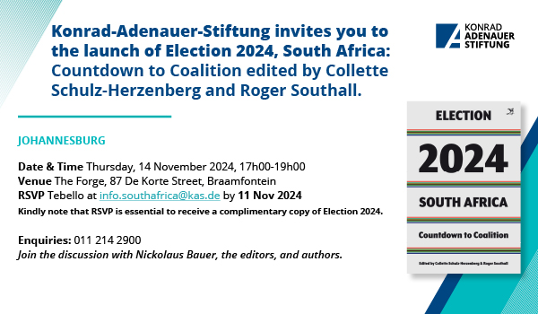 Join us for a book launch reviewing the 2024 election. What just happened? Learn more about South Africa's political whirlwind.
🗓⏰ Cape Town, 6 November 2024, 17h00
🗓⏰Durban, 12 November, 10h00
🗓⏰Johannesburg, 14 November, 17h00
📍 Venue: Old Granary (CPT), The Edward Hotel