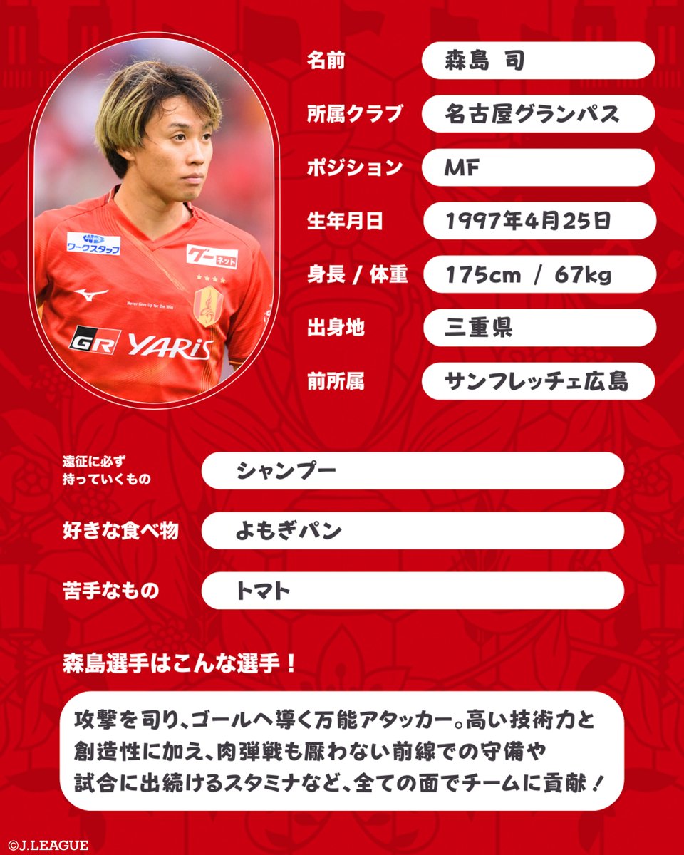 名古屋グランパス #森島司 選手のプロフィール📝 コメントで森島選手の