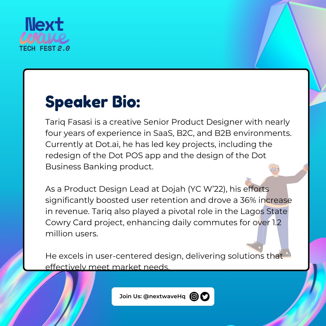 NextWavehq's tweet photo. From redesigning POS apps to boosting revenues by 36%, his designs make a difference! ๐๐ก
Plus, he helped transform Lagos commutes for 1.2M+ users with the Cowry Card project. ๐โจ
Canโt wait to hear his insights! ๐
#Nextwave #DesignLeader #ProductDesign #UX #TechEvents https://t.co/l1Z0P1K8qy