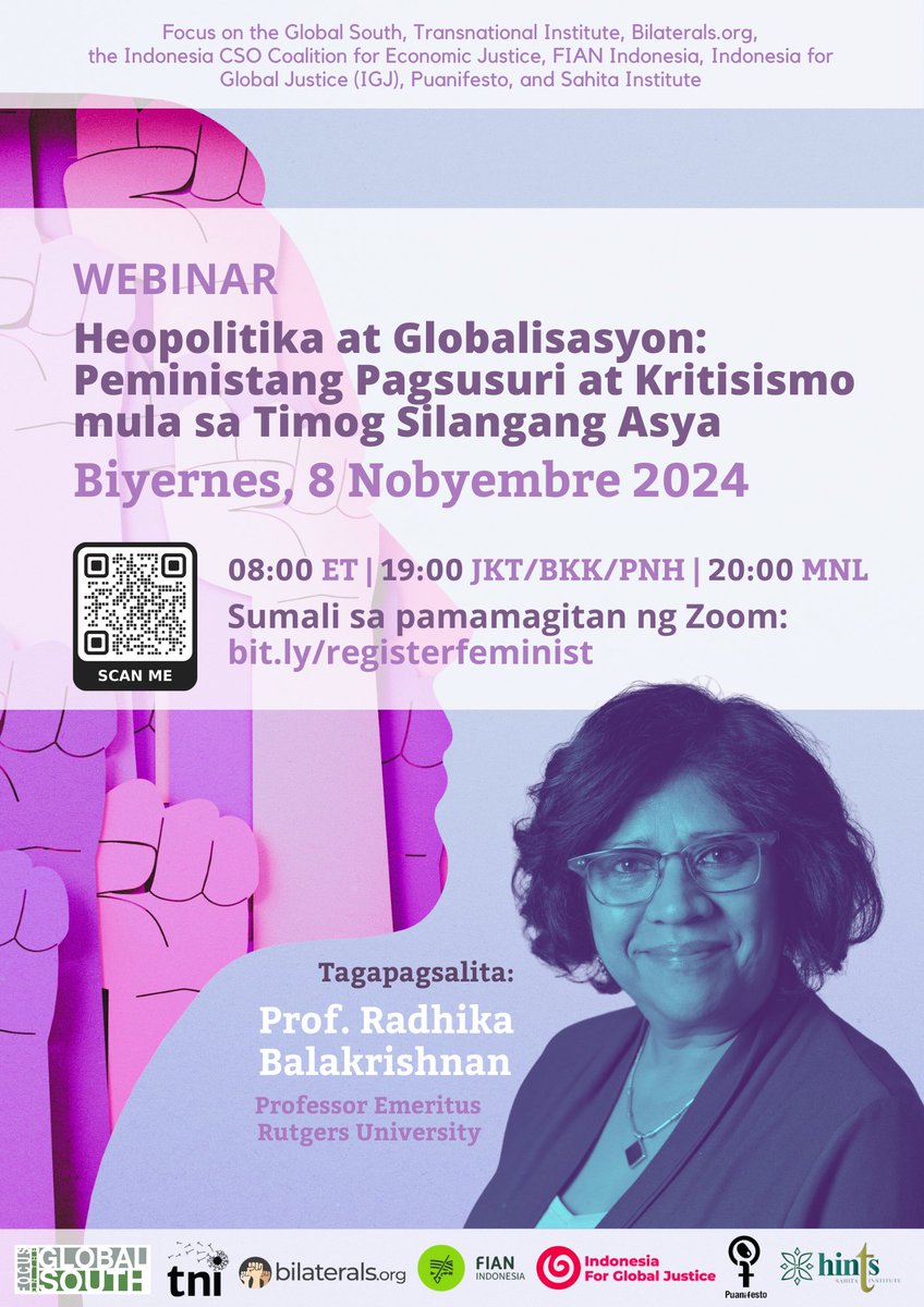 focussouth's tweet photo. 📣 Heopolitika at Globalisasyon: Peministang Pagsusuri at Kritisismo mula sa Timog Silangang Asya

🗓️ Biyernes, 8 Nobyembre 2024
⏰08:00 ET | 19:00 BKK/JKT/PNH | 20:00 MNL
✍️Maaaring magrehistro sa link na ito: https://t.co/p6JJRzeHHX https://t.co/F7KRziASFJ