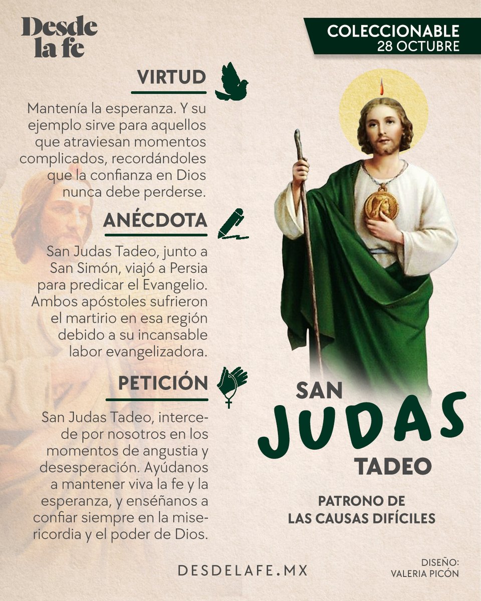#SantoDelDia Tadeo es un nombre arameo, que significa 'el que alaba' o 'el que confiesa'. Con sus actos, #SanJudasTadeo  ofreció una hermosa alabanza para Dios. 😇🙏

Lee aquí la carta de san Judas Tadeo que advierte sobre los que injurian: “No poseen el Espíritu Santo”. 👉