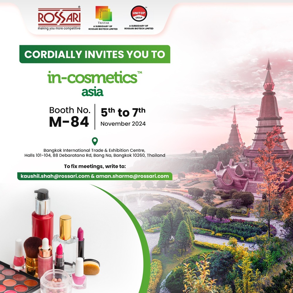 RossariBiotech's tweet photo. We are excited to announce that Rossari Biotech Limited will showcase its leading expertise in Home, Personal Care, and Performance Chemicals at in-cosmetics Asia 2024 in Bangkok from November 5 to 7.

#RossariBiotech  #CosmeticScience  #InCosmeticsAsia https://t.co/rM94CCNwkz