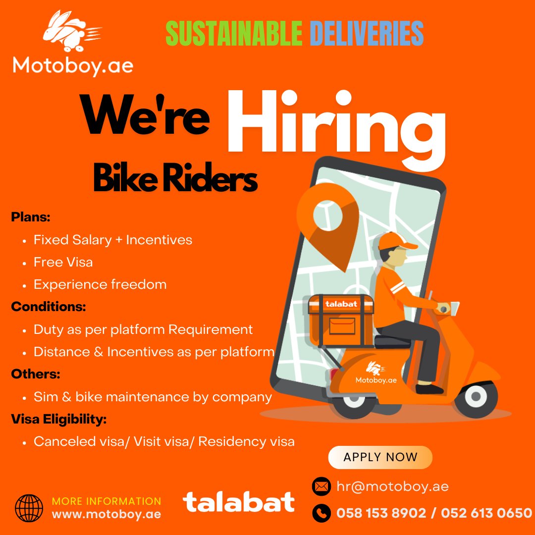 Motoboy_ae's tweet photo. Join the Sustainable Delivery Movement with Motoboy! 🚴‍♂️ We're hiring bike riders with great benefits including a fixed salary, incentives, and a free visa. Apply now and ride towards a greener future! 🌍💼

#MotoboyUAE #SustainableDeliveries #HiringNow #BikeRiders #GreenJobs https://t.co/xcaC71Zx0b