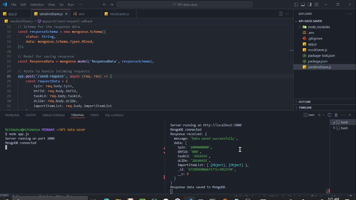 Xvlll8two's tweet photo. 🚀 Built a data-saving API with #NodeJS and #MongoDB! Handling requests, saving structured data, and ensuring smooth response handling. Excited to see where this setup can go! 💻✨ #APIDevelopment #JavaScript #Backend #NoSQL #WebDev https://t.co/tRZT0ylLez
