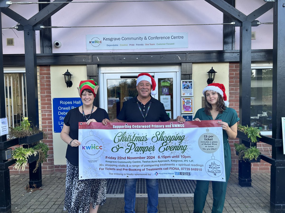 Our Annual Christmas Shopping &amp; Pamper Evening held <a href="/KWMCCKesComm/">Kesgrave Community and Conference Centre (KWMCC)</a>  is announced for Friday Nov 22nd.

Over 30+ stalls with unique gifts for those Christmas stockings, as well as Pampering Treatments &amp; Spiritual Readings are ready to be booked.

Well done to everyone involved!