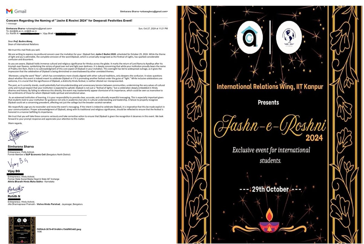 UrbanAghory6's tweet image. First it was @lsr_su, now it is @IITKanpur, is naming a Deepaavali event has to be such a secularistic bs? Honestly, how easy do they think is disrespecting hindu practices like this and get away? 🤬