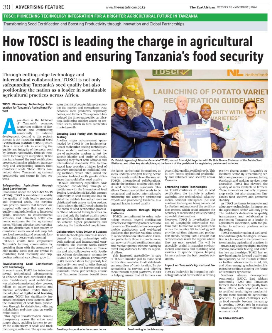 Through cutting-edge technology and international collaboration, <a href="/OfficialTosci/">TOSCI OFFICIAL</a> is not only safeguarding Tanzania's seed quality, but also positioning the nation as a leader in sustainable agricultural practices across Africa

<a href="/The_EastAfrican/">The EastAfrican</a>