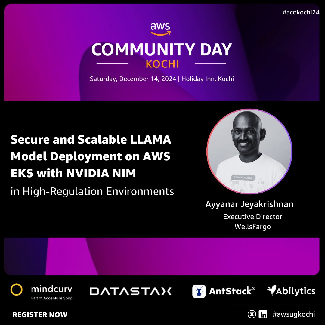awsugkochi (@awsugkochi) on Twitter photo Speaker Spotlight for #acdkochi24
Secure & Scalable LLAMA Model Deployment on AWS EKS with NVIDIA NIM by <a href="/meet_ayyanar/">Ayyanar Jeyakrishnan</a>
Highlights
๐น LLAMA on AWS EKS, NVIDIA NIM
๐น Karpenter for scaling
๐น Best practices for security & compliance
๐ Register: lnkd.in/fEVNqGP
<a href="/awscloud/">Amazon Web Services</a> Speaker Spotlight for #acdkochi24
Secure & Scalable LLAMA Model Deployment on AWS EKS with NVIDIA NIM by <a href="/meet_ayyanar/">Ayyanar Jeyakrishnan</a>
Highlights
๐น LLAMA on AWS EKS, NVIDIA NIM
๐น Karpenter for scaling
๐น Best practices for security & compliance
๐ Register: lnkd.in/fEVNqGP
<a href="/awscloud/">Amazon Web Services</a>