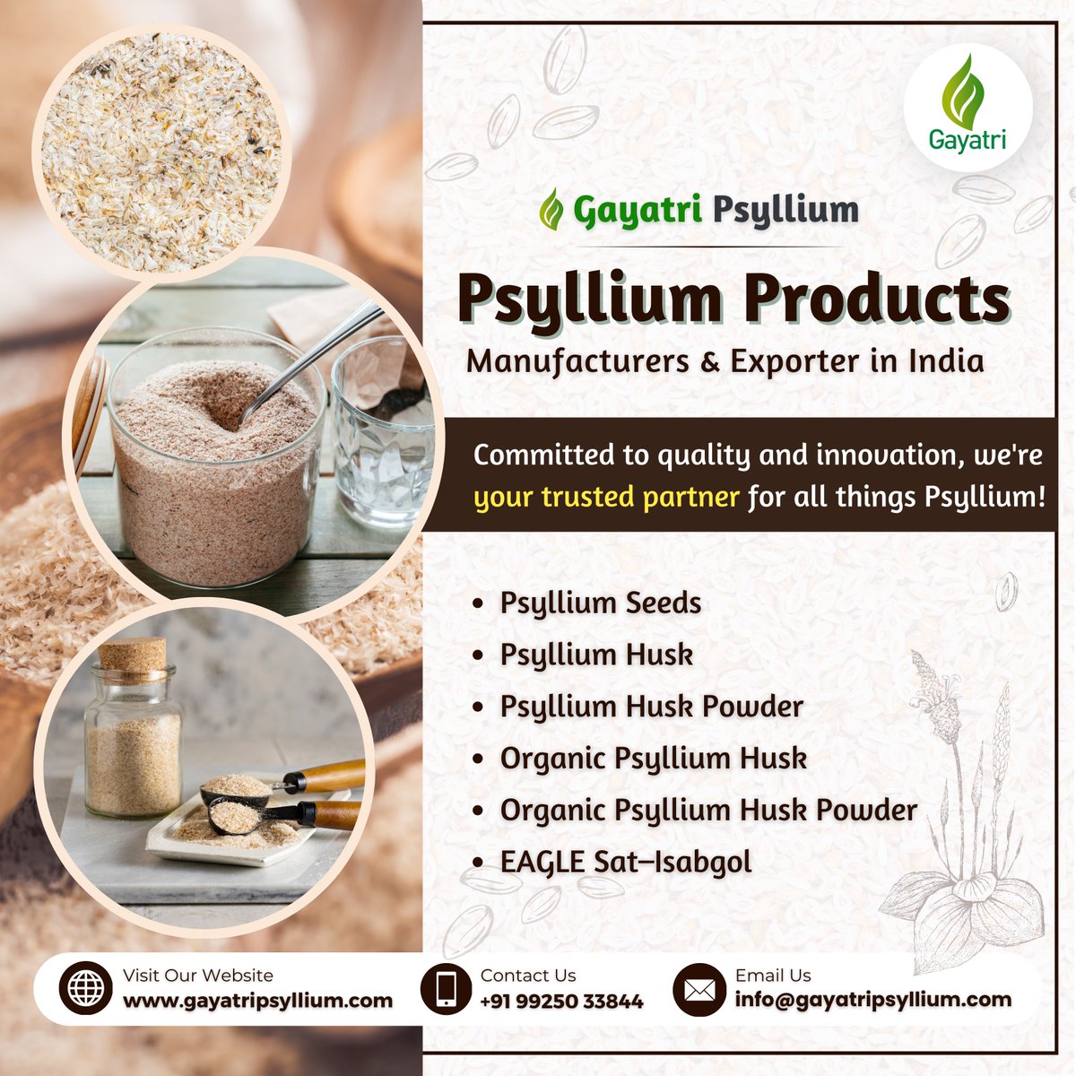 gayatripsyllium's tweet image. From #PsylliumHusk to Organic #PsylliumPowder @GayatriPsyllium offers the finest natural fiber #PsylliumProducts to keep your health on track! 

🔗 gayatripsyllium.com
📞 +91-99250 33844 | 98250 33422
✉️ info@gayatripsyllium.com

#GayatriPsyllium #Psyllium #Isabgol #Exporter