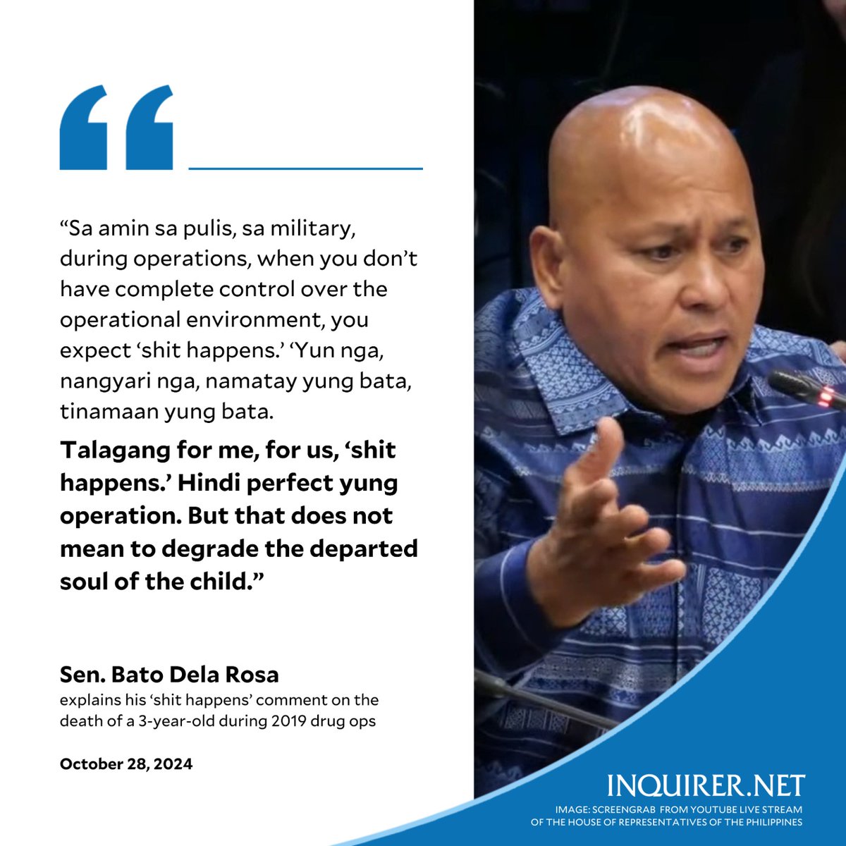 inquirerdotnet's tweet photo. Sen. Bato Dela Rosa explains his βshit happensβ remark in 2019 when a three-year-old girl was fatally short in a police anti-drug operation.
READ RELATED STORY: https://t.co/r8nffnAjb8 https://t.co/8nufGmGsBC