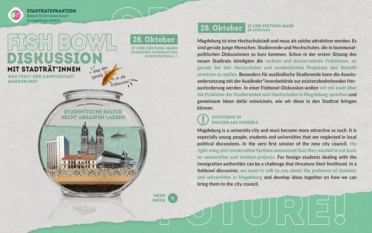 Welche Themen beschäftigen Studierende und Universitätsangehörige in #Magdeburg? Diskutiert heute Abend um 17 Uhr mit Stadträt*innen in der Festung Mark.
Alle Infos auf unserer Webseite:
▶️ gruene-fraktion-magdeburg.de/aktuelles/vera…