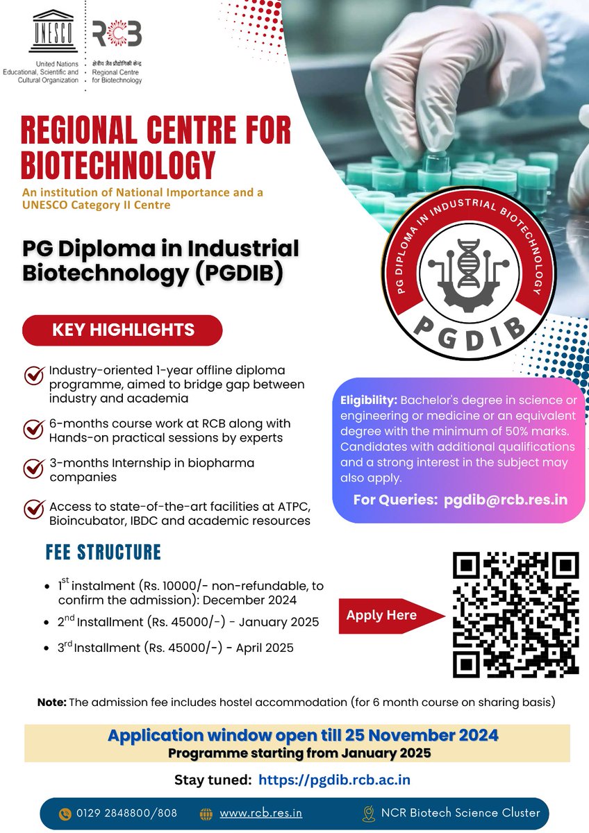 unescorcb's tweet photo. Now accepting applications for our Postgraduate Diploma in Industrial #Biotechnology #PGDIB. Includes in-depth coursework, with training from industry experts, followed by internship with top #biopharma companies. Last Date 25 Nov 2024. Visit https://t.co/ZMsVDl6I9R for details! https://t.co/c1gRTfOkAc
