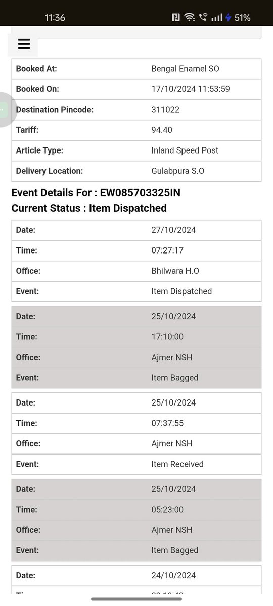 Kim_Syeta's tweet photo. @IndiaPostOffice please deliver the package before Diwali. I've booked it for a speed post on 17/10/2024 and it has been 10 days since. I don't understand what is taking so long. I earnestly request you to speed up the process because it is important that it reaches before Diwali https://t.co/jzf7042PAX
