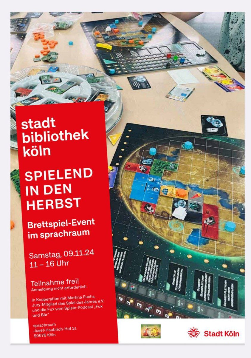 1) Am Samstag, den 9.11. laden wir euch herzlichst ein mit uns und dem Team der Stadtbibliothek Köln zu spielen😍  
Von 11-16 Uhr kommen sowohl viele Spiele aus der SdJ Liste als auch Neuheiten von der #Spiel24
auf den Tisch.  
Wieder sind viele Kölner Medienschaffende dabei🤩