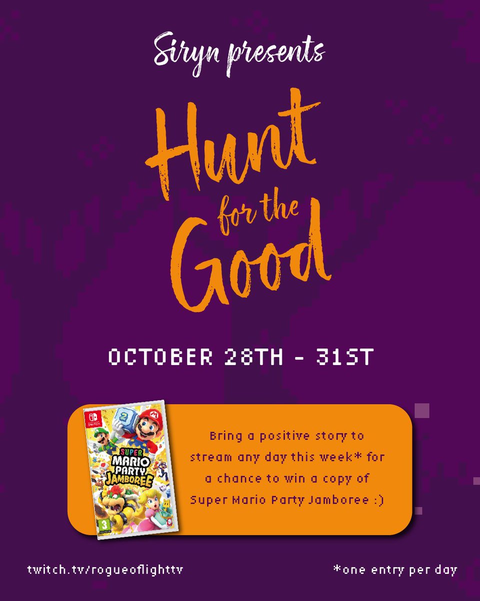 RogueOfLightTV's tweet photo. ✨🥰Siryn Presents Hunt for the Good🥳✨

Share a positive story that happened to you recently on any of my streams this week for a chance to win a copy of Super Mario Party Jamboree :)

You can get one entry per day and I'll be live Mon-Thurs, I'll pull a winner on Halloween! ❤️ https://t.co/GSMkHfl1gx