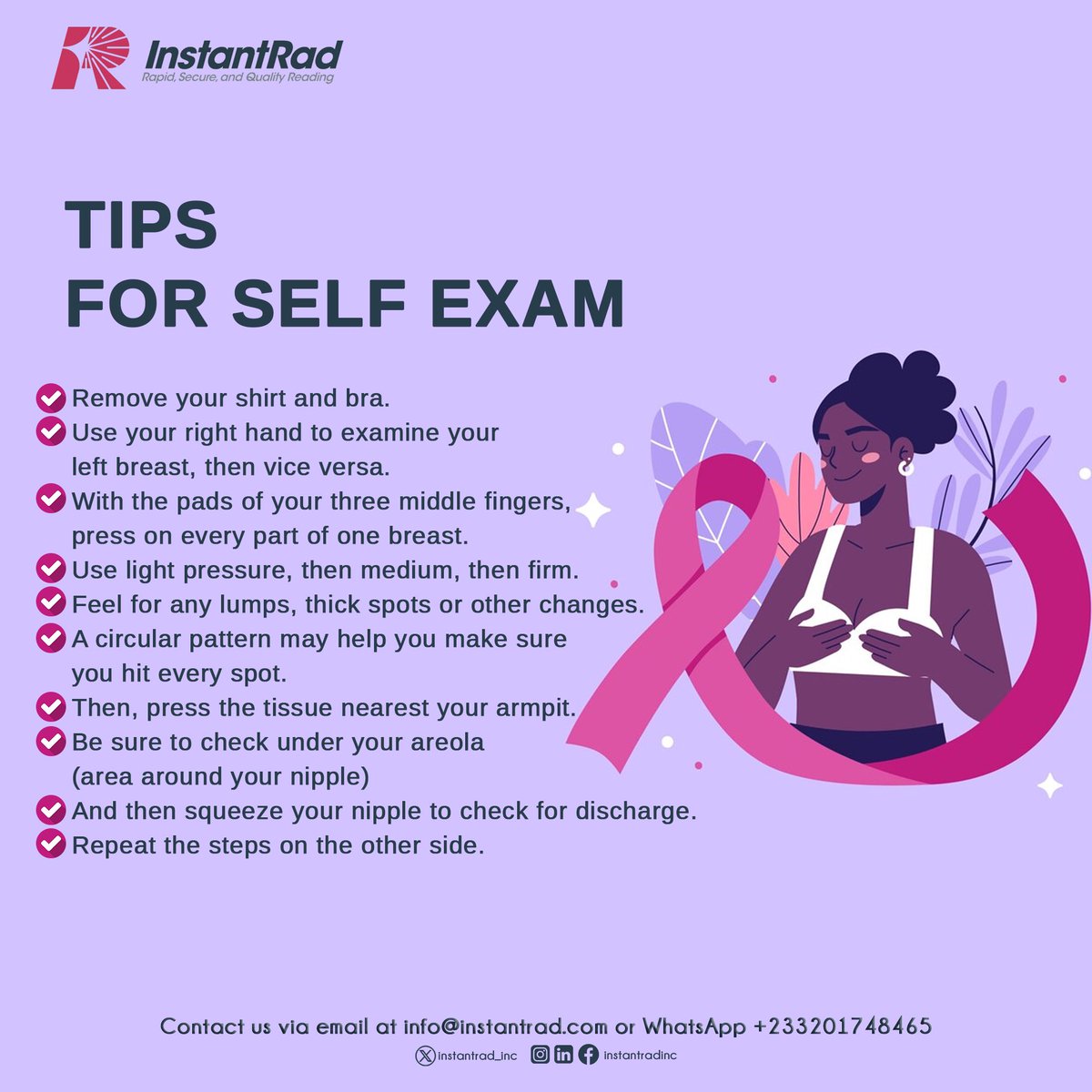 instantrad_inc's tweet photo. We are still in the month of creating awareness! If you haven’t already seen a professional, here are some self examine tips you can use to get checked and get help if need be. 
#breastcancerawareness 
#selfexamine
#instantrad https://t.co/TvXQzJJ7cm