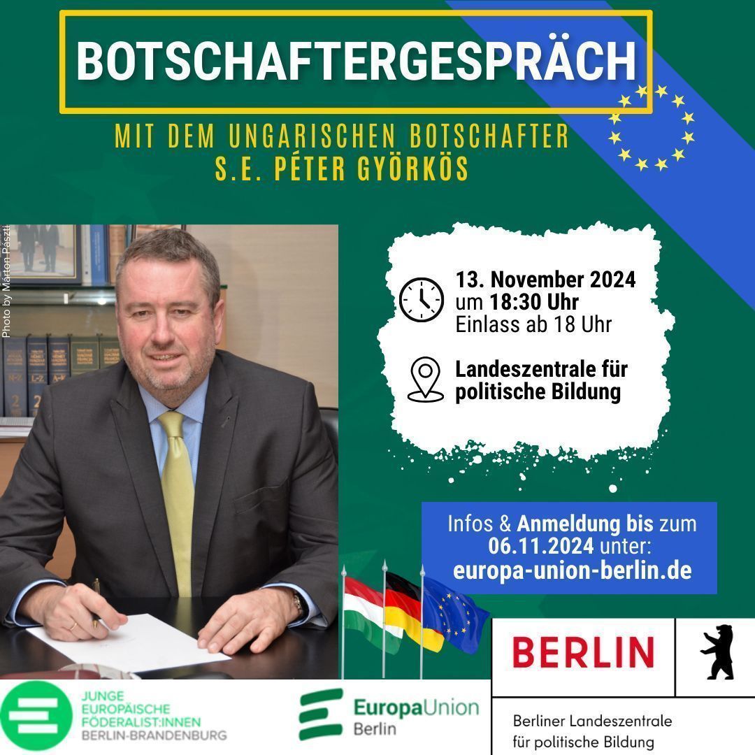 Wie kann die ungarische Ratspräsidentschaft unter dem Motto "Make Europe Great Again" aussehen? Das diskutieren wir am 13.11 mit dem ungarischen Botschafter S.E. Péter Györkös und in Zusammenarbeit mit <a href="/JEF_bb/">JEF Berlin-Brandenburg</a>. Seid ihr dabei?
Anmeldung unter: 
europa-union-berlin.de/ungarn