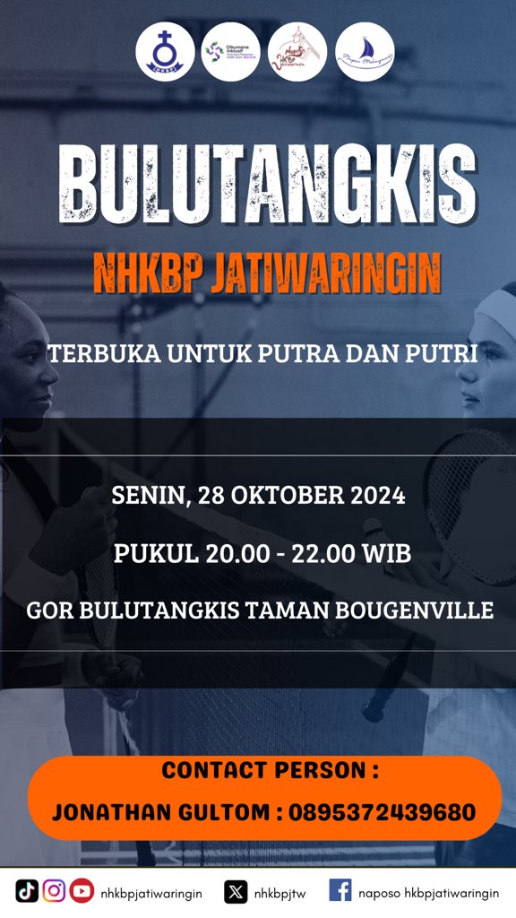 🏸 [ BULUTANGKIS NHKBP ] 🏸

📆: Senin, 28 Oktober 2024
⏰: 20.00 — 22.00 WIB
🏟️: GOR BULUTANGKIS Taman Bougenville
Jl. Bougenville Raya, RT 4 / RW 5, Kel. Jatibening, Kec. Pondok Gede, Kota Bekasi, Jawa Barat, Indonesia 17412.

ℹ️ Jonathan Gultom : 0895372439680
