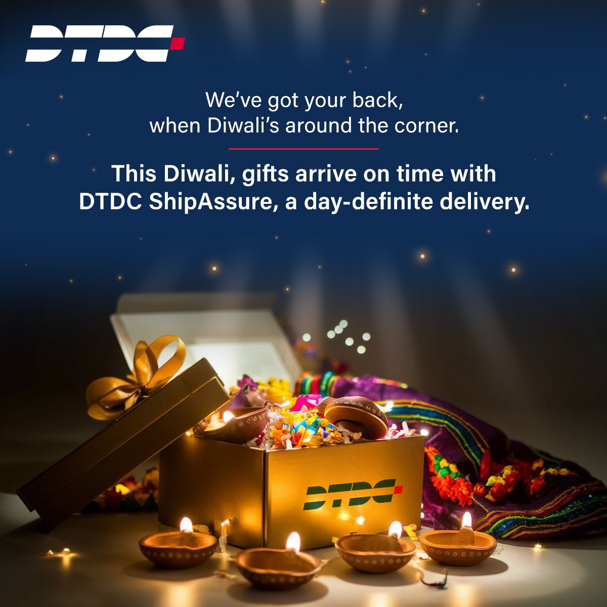 DTDCIndia's tweet photo. This Diwali, trust DTDC ShipAssure to keep your celebrations on track! 🎉 With our day-definite delivery, you can rest easy knowing your gifts will arrive right on time, allowing you to focus on the festivities. 🪔✨
#DTDC #ShipAssure #Diwali2024 #OnTimeDelivery #FestivalOfLights #CelebrateWithUs