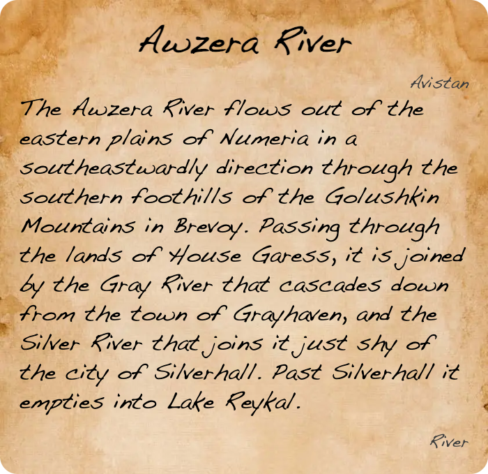 GolarionToday's tweet photo. Awzera River, Avistan
https://t.co/36936IGymU
#AwzeraRiver #Numeria #GolushkinMountains #HouseGaress #GrayRiver #SilverRiver #Silverhall #LakeReykal https://t.co/IMS9nae4XY