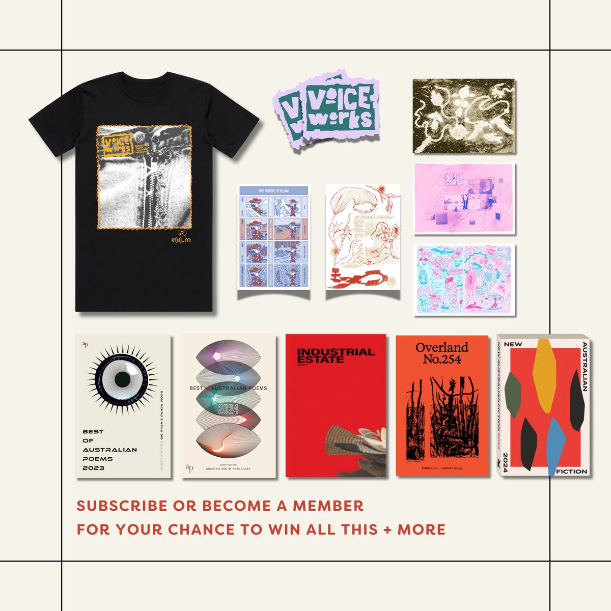 Express Media (@express__media) on Twitter photo 📣 The 2024 <a href="/VoiceworksMag/">Voiceworks</a> subscriberthon & merch drop is LIVE!
From 28th Oct - 11th Nov, every Subscription, Membership, or merch item purchased is an entry into our BIG PRIZE BUNDLE draw.
Sub or pre-order now: expressmedia.org.au/news/fb4gd5cat… 📣 The 2024 <a href="/VoiceworksMag/">Voiceworks</a> subscriberthon & merch drop is LIVE!
From 28th Oct - 11th Nov, every Subscription, Membership, or merch item purchased is an entry into our BIG PRIZE BUNDLE draw.
Sub or pre-order now: expressmedia.org.au/news/fb4gd5cat…